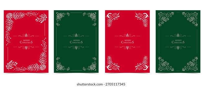 Línea del marco de la Navidad en el fondo rojo, verde con estilo nouveau para el diseño de la tarjeta de la invitación