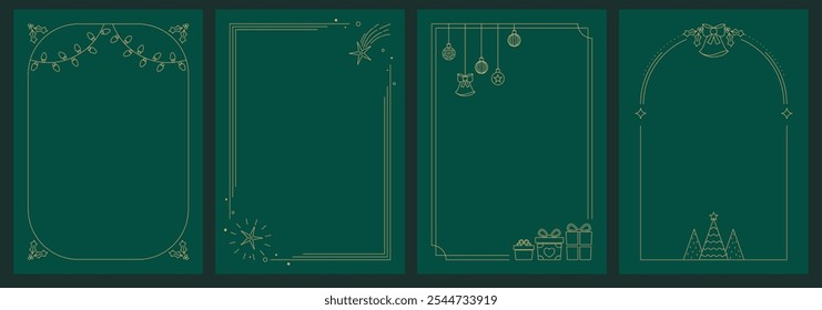 Vector de diseño de tarjeta de invitación de Días festivos felices de lujo con marco de Navidad. Mínimo feliz año Nuevo, árbol de Navidad, chuchería sobre fondo verde esmeralda. Diseño para el saludo de la temporada, Navidades, cubierta.