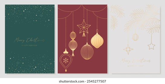 Vector de diseño de tarjeta de invitación de Días festivos felices de lujo con marco de Navidad. Mínimo feliz año Nuevo, árbol de Navidad, chuchería sobre fondo verde esmeralda. Diseño para el saludo de la temporada, Navidades, cubierta.