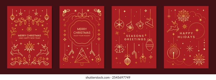 Conjunto de Vector de diseño de tarjeta de invitación de felices fiestas de lujo de marco de Navidad. Tarjeta de feliz año Nuevo con renos, corona, chuchería, hojas de acebo sobre fondo rojo. Diseño para el saludo de la temporada, cubierta.