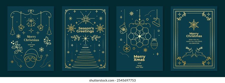 Christmas frame luxury happy holidays invitation card design vector set. Happy New Year card with santa, reindeer, bauble, wreath on navy blue background. Design for Season's Greeting, cover.