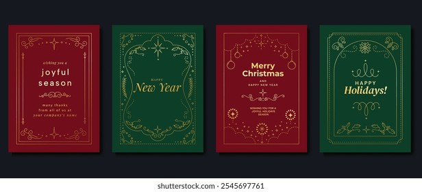 Christmas frame luxury happy holidays invitation card design vector set. Happy New Year card with holly leaves, bauble, snowflake on green and red background. Design for Season's Greeting, cover.