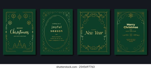 Christmas frame luxury happy holidays invitation card design vector set. Happy New Year card with holly leaves, tree, firework, bauble on green background. Design for Season's Greeting, cover.