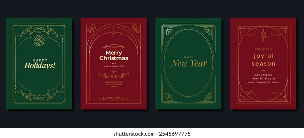 Christmas frame luxury happy holidays invitation card design vector set. Happy New Year card with holly leaves, sparkle on green and red background. Design for Season's Greeting, cover.