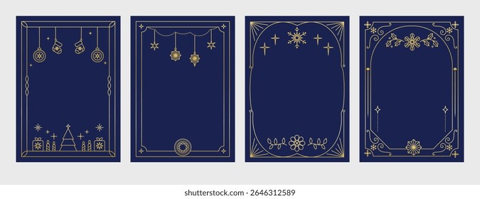 Christmas Frame Luxury Happy Holidays invitation card design vector. Minimal Happy New Year, Christmas tree, bauble ball, snowflake, sock on navy blue background. Design for Season's Greeting, cover.