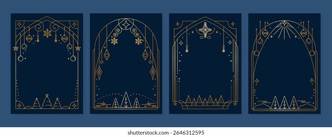 Christmas Frame Luxury Happy Holidays invitation card design vector. Minimal Happy New Year, Christmas tree, bauble ball, snowflake on navy blue background. Design for Season's Greeting, cover.