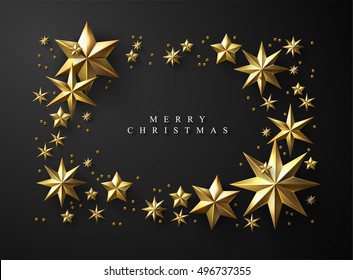 Christmas Frame made of Cutout Gold Foil Stars on Black Background. Chic Christmas Greeting Card.