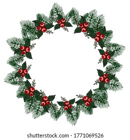 Christmas Frame Made Of Fir Branches, Mistletoe Red Berries. For Christmas Cards Winter Design. Vector Illustration In Cartoon Style With Copy-space