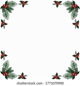 Christmas Frame Made Of Fir Branches, Mistletoe Red Berries. For Christmas Cards Winter Design. Vector Illustration In Cartoon Style With Copy-space