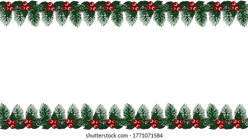 Christmas Frame Made Of Fir Branches, Mistletoe Red Berries. For Christmas Cards Winter Design. Vector Illustration In Cartoon Style With Copy-space