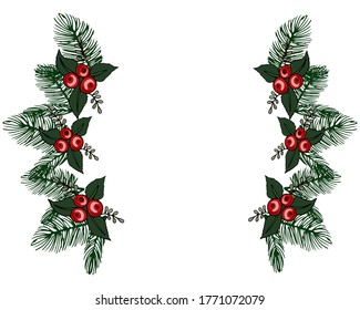 Christmas Frame Made Of Fir Branches, Mistletoe Red Berries. For Christmas Cards Winter Design. Vector Illustration In Cartoon Style With Copy-space