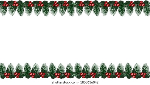 Christmas frame made of fir branches, mistletoe red berries. for christmas cards winter design. Vector illustration in cartoon style with copy-space