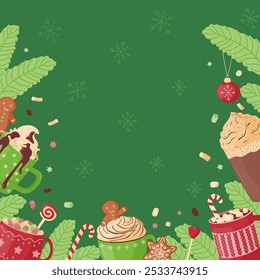 Marco de Navidad hecho de bebidas calientes, dulces, pan de jengibre. Tazas lindas festivas con cacao caliente, café, chocolate, crema batida, malvaviscos y dulces. Ilustración vectorial sobre fondo verde.