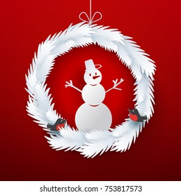 Christmas frame made from paper cut out fir tree branches. Snowman and winter birds characters. Realistic paper art vector illustration.