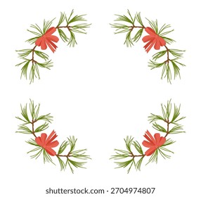 Marco de Navidad hecho de ramas de pino decoradas con arcos rojos. Frontera de Vector festivo para el diseño de vacaciones.