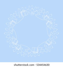 Christmas frame made of spruce, gifts and Christmas balls on a light blue background. Hand drawing. Vector illustration. Merry Christmas ornament.
