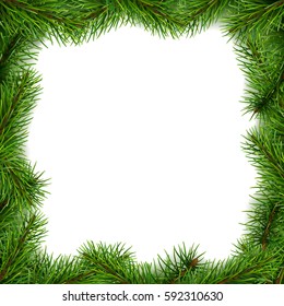 Christmas frame made from spruce tree branches. Realistic vector fir tree. 