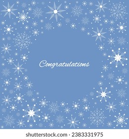 Christmas frame made of white snowflakes on a blue background. Vector illustration for the design of cards, invitations, flyers, posters, banners.