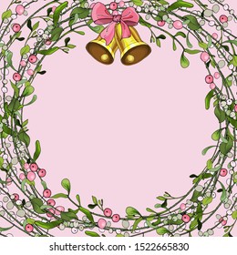 Christmas frame with mistletoe, branches, berries and bells on pink background. Decoration for festive season design, advertisement, greeting cards, invitation, posters. Vector.