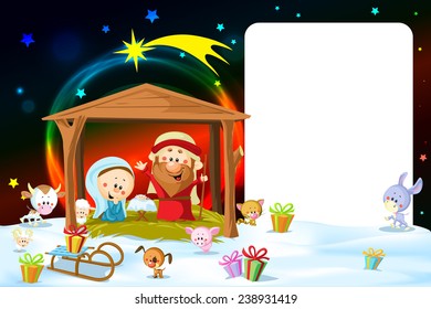 christmas frame - nativity with lights and cute animals