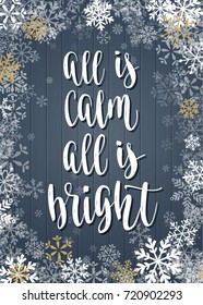 Christmas frame, new year decoration with lettering. Winter holidays handwritten calligraphy quote and snowflakes. Vector decorative elements for design greeting card, Invitation on wooden background.