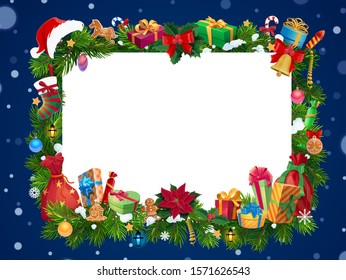 Christmas frame of New Year garland with blank card in center vector design. Xmas gifts, stocking and bell on snowy pine and holly tree branches, presents, Santa hat and red bag, gingerbread and balls