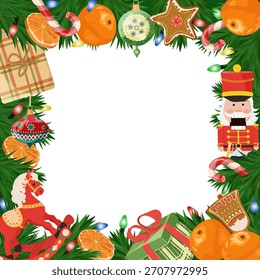 Christmas frame with a Nutcracker, a horse, Christmas tree decorations, and gingerbread cookies, with space for your text. Vector illustration.
