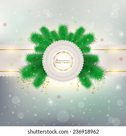 Christmas frame on the branches of trees with hanging tinsel on the Christmas background with falling snow.   Festive vector illustration of a Christmas tree, Christmas card, card, menu, banner.