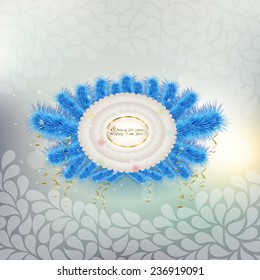 Christmas frame on the branches of trees with hanging tinsel on the Christmas background with falling snow. Festive vector illustration of Christmas fir tree branches, Christmas card, card, banner.