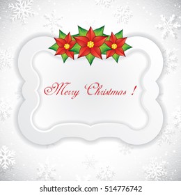 Christmas frame on snow background with poinsettia