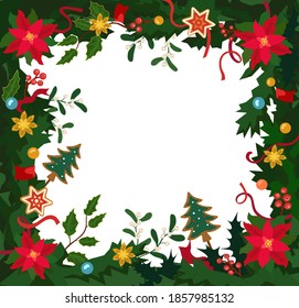 Christmas frame on a white background with poinsettias, holly, jewelry and ribbons. Bright Christmas design for postcard or sale. Flat cartoon style. 