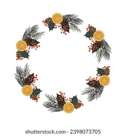 Christmas frame with orange slices, Christmas tree branches, pine cones and red berries. Winter composition.