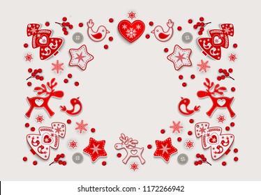 Christmas frame with ornament of red and white stylized Nordic Christmas decorations elk, reindeer, tree, bird, heart, star, snowflake, holly berries on white background with space for text , vector