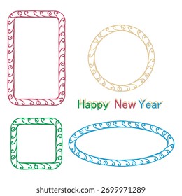 Christmas Frame, outline doodle border Set. Hand drawn paint brush swirl line stroke, colourful circle wreath, square, rectangle geometric shape collection. Empty text space. Vector illustration