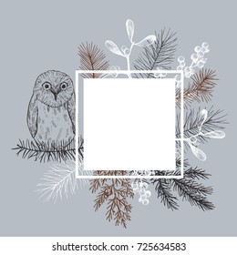  Christmas frame  with owl and Christmas plants. Vector hand-drawn illustration.