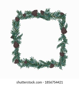 Christmas frame for a photo and congratulations.  It consists of branches of a Christmas tree and cones, it is square.  There is a place for your text, isolated on white.  Stock vector illustration.