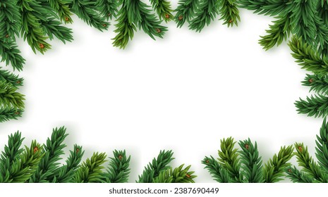 Marco de Navidad con ramas de pino. Fondo en blanco con espacio para el diseño. Invitación a un evento o fiesta de Año Nuevo