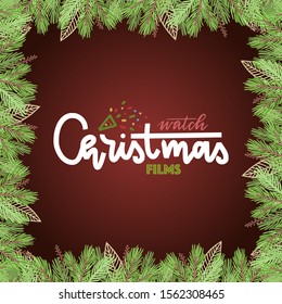 Christmas frame with pine branches. Brown background with space for design. Christmas lettering: Merry Christmas
