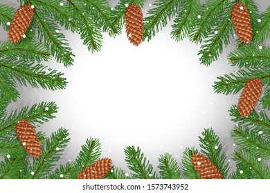 Christmas frame from pine branches and cones. White background. Place for text. Vector image.