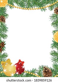 
Christmas frame with pine branches, cones and Christmas tree decor