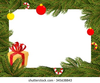 Christmas frame. Pine branches decorated with balloons and gifts. Sweets and present of fir-tree