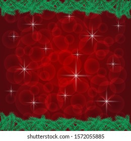 Christmas frame of pine branches on red background with bokeh and stars