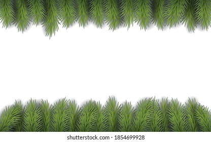 Christmas frame with pine branches with space for text. Modern flat illustration. Frame with realistic spruce branches on white backdrop for greeting card.