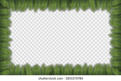 Christmas frame with pine branches with space for design. Modern flat illustration. Frame with realistic spruce branches on transparent backdrop. Template for greeting card.