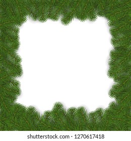 Christmas frame of pine branches vector. Xmas border isolated. Pine branch square decoration. New year frame design. Vector illustration.