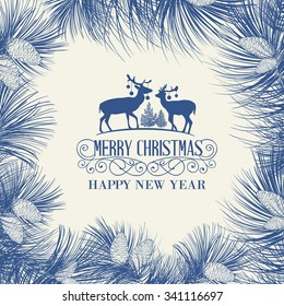 Christmas frame with pinecone and deers isolated on gray background. Vector illustration.