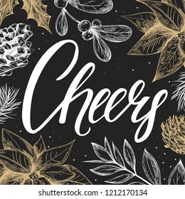 Christmas frame with poinsettia, holly, fir, mistletoe, pinecone, lemon, cinnamon botanical illustration with lettering phrase.  Can use to greeting card, banner, poster, calligraphy.