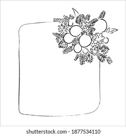 marco de navidad. postal. blanco y negro, lugar para el texto. ramo de año nuevo. felicitación, invitación. árbol, cono de pino. vectores 10