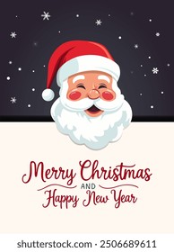 Christmas frame, poster with Santa Claus and lettering. New year Merry Christmas design. Winter card with Santa. 