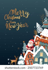 Christmas frame, poster with Santa Claus and golden lettering. Winter card with scandi houses, trees. New year Christmas design.